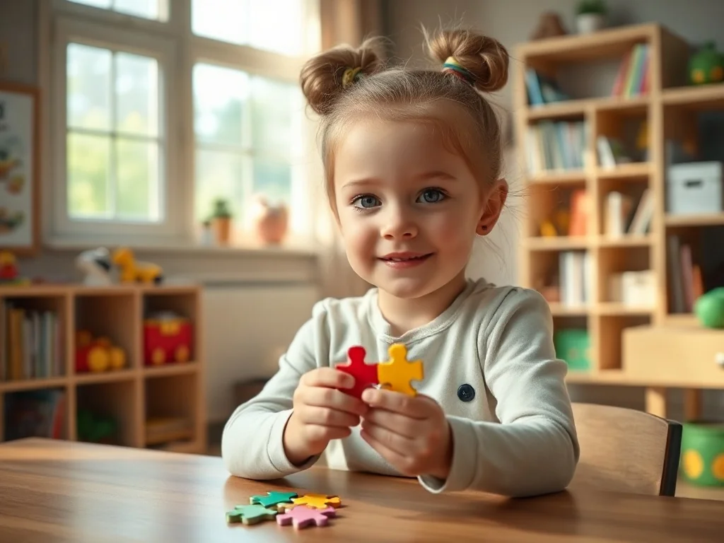 Sześcioletnia dziewczynka skupiona na układaniu kolorowych puzzli przy drewnianym biurku w przytulnym pokoju zabaw.