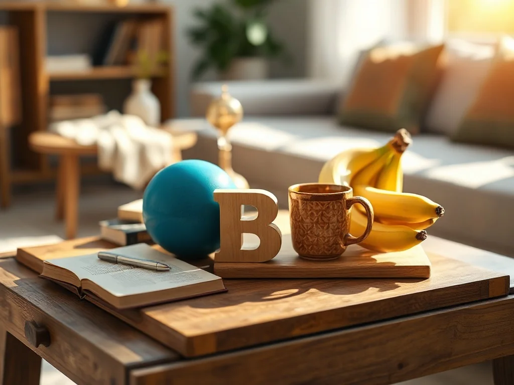 Drewniany stół z przedmiotami na literę „b”: bananami, błękitną piłką, ceramiczną miską i książką.