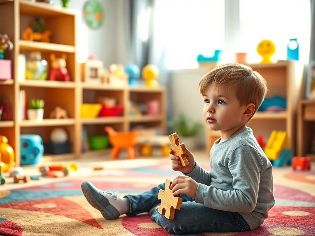 Czteroletni chłopiec siedzi na kolorowym dywanie i układa drewniane puzzle, skupiony na edukacyjnej zabawie w pokoju.