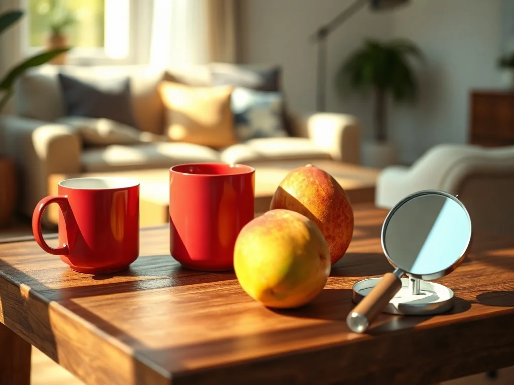 Drewniany stół z przedmiotami na literę M: kubkiem, mango, lupą i lusterkiem w słonecznym, minimalistycznym wnętrzu.
