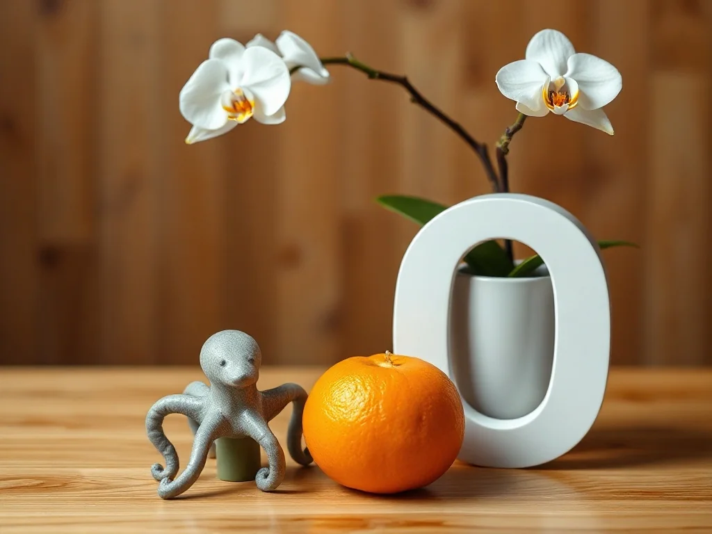 Pomarańcza, figurka ośmiornicy i kwitnąca orchidea ustawione na drewnianym stole jako przykłady przedmiotów na literę O.