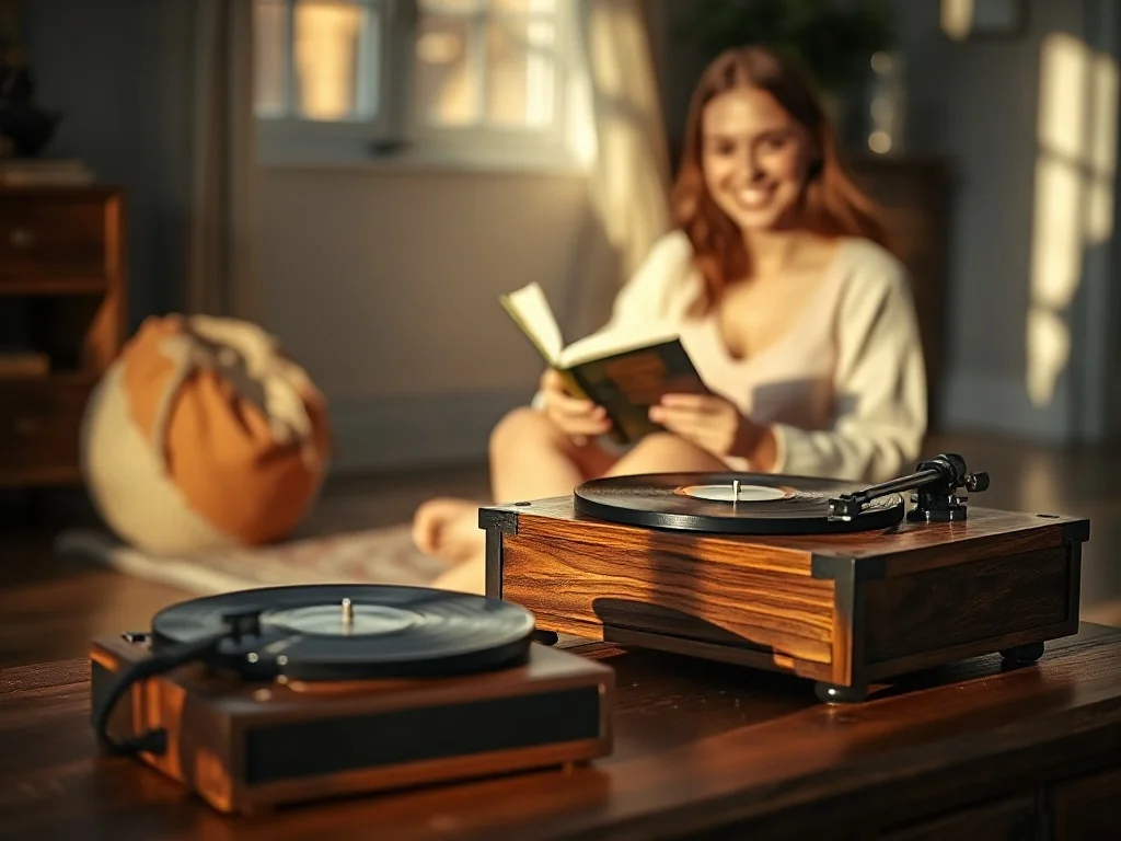 Zabytkowy gramofon na drewnianym stole i uśmiechnięta kobieta z książką, tworzące nostalgiczny, ciepły klimat dzieciństwa.