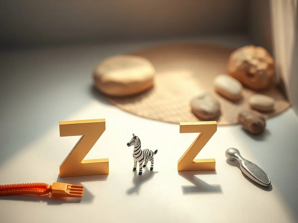 Zestaw przedmiotów na literę „z”, w tym zamek błyskawiczny, figurka zebry i tarka, ułożone na jasnym tle.