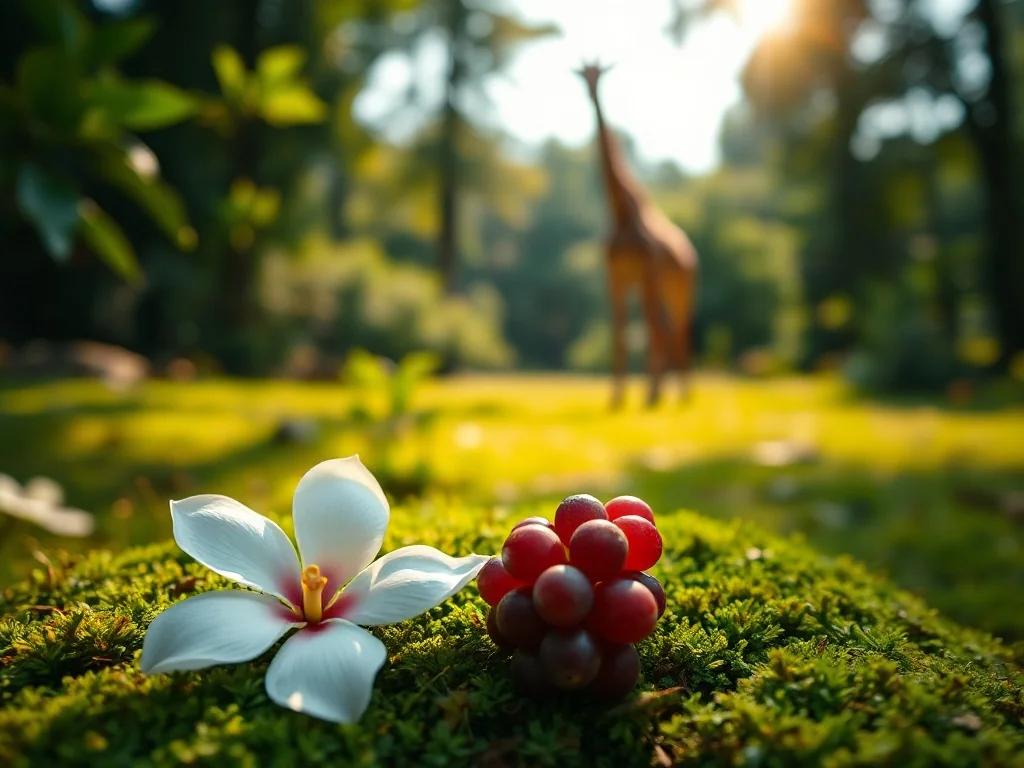Zbliżenie na kwiat gardenii i kiść winogron na mchu, w tle widoczna żyrafa w słonecznym lesie.