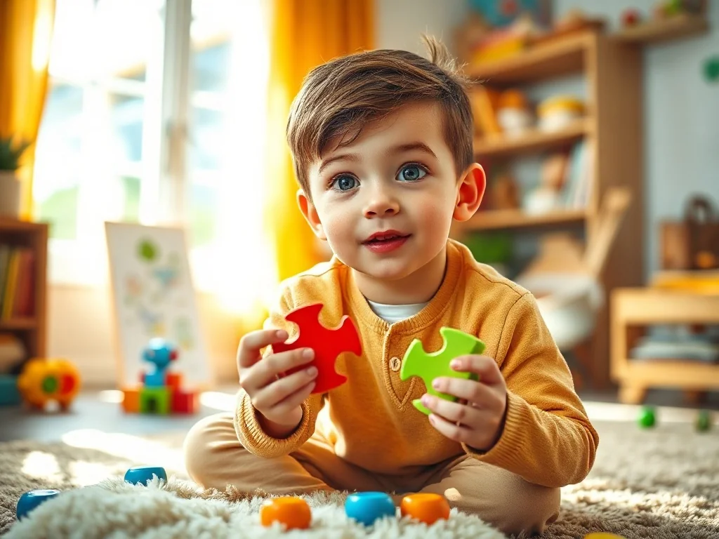 7-letni chłopiec siedzi na dywanie i układa kolorowe puzzle w przytulnym pokoju zabaw.
