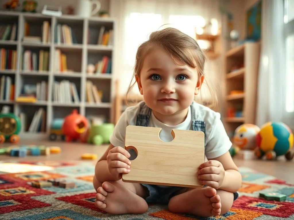 Pięcioletnia dziewczynka siedzi na kolorowym dywanie w pokoju zabaw i układa drewniane puzzle.