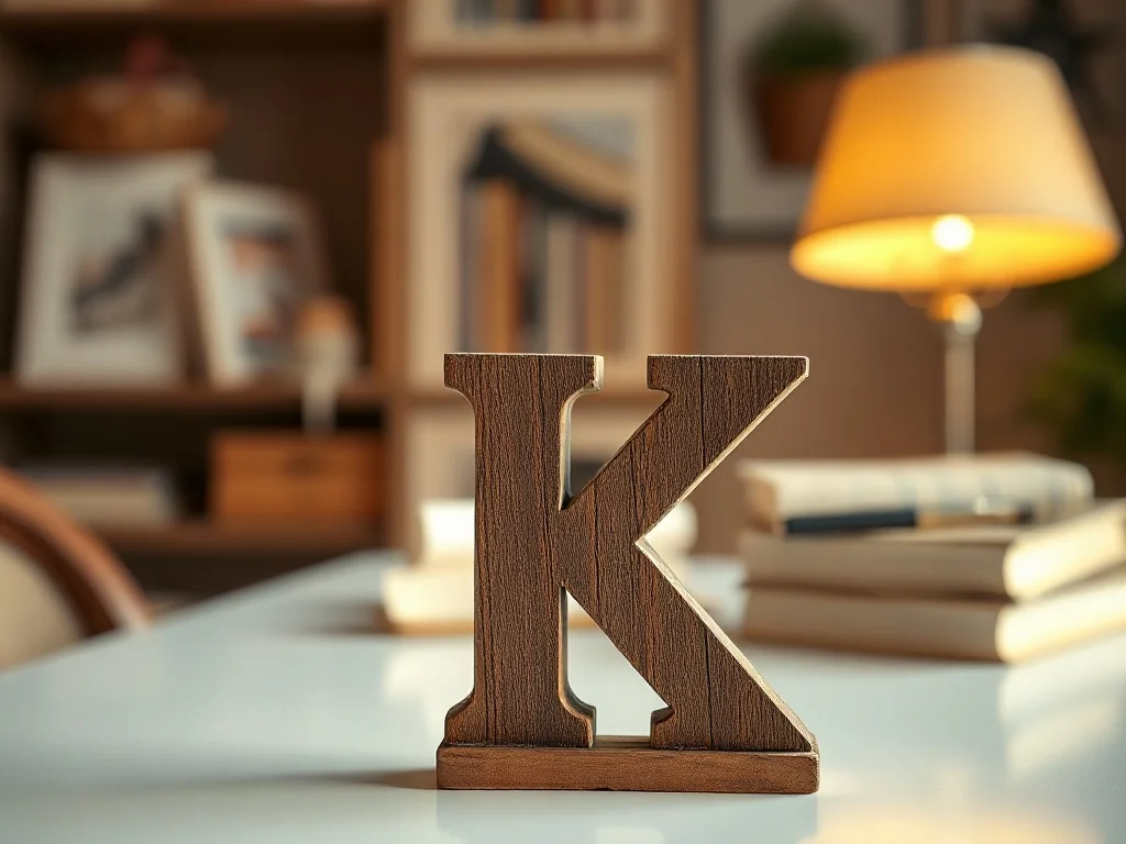 Drewniana litera „K” na biurku w przytulnym domowym biurze z książkami w tle.